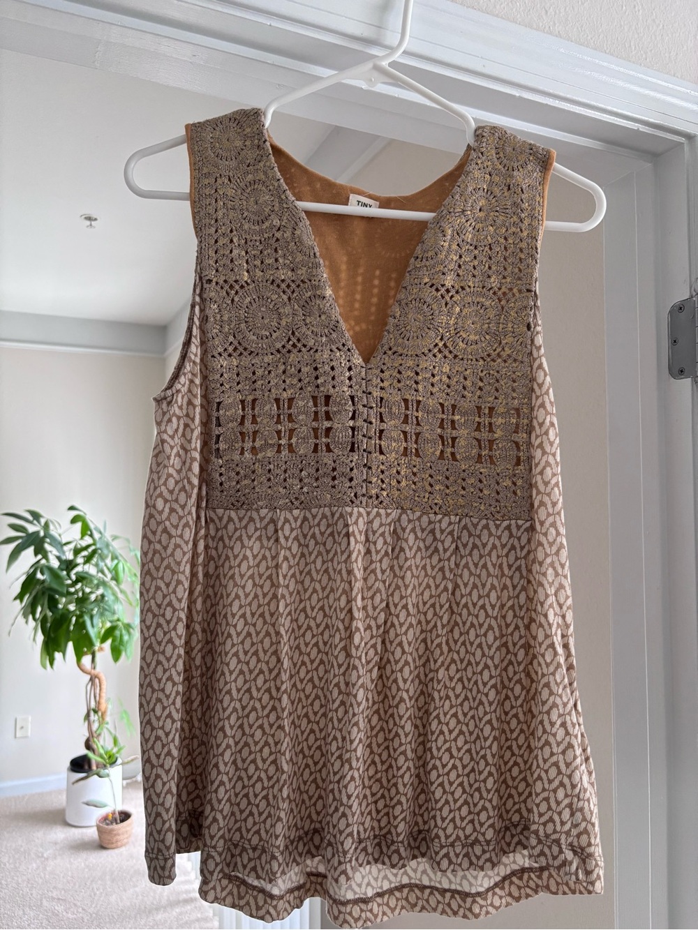 Crochet Detail Beige-Tan Sleeveless Top